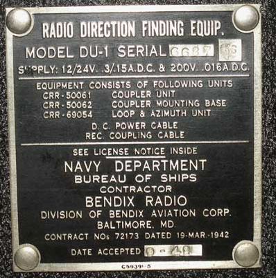 Bendix Radio Corp. (USA);Mod.: CRR-50061; (1942)
Targa di identificazione dello strumento
